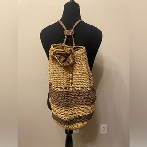 Woven Straw Rattan Bucket Bag Backpack Purse Tan Brown Beads EUC